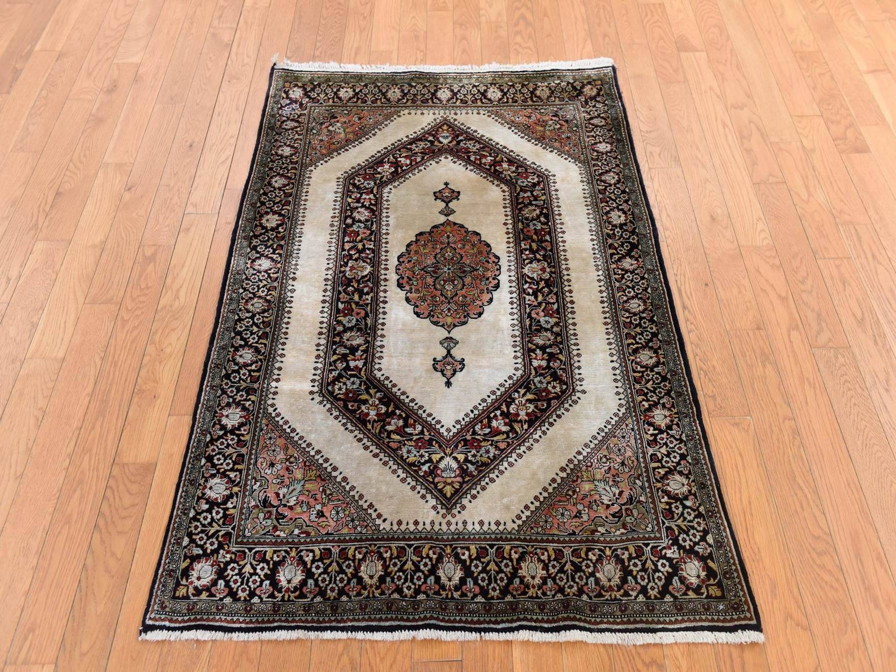 Qum Fine Oriental hand-knotted silk rug in Ivory & Chocolate Brown, 3'3" x 5' — SKU O078719 (view 2)