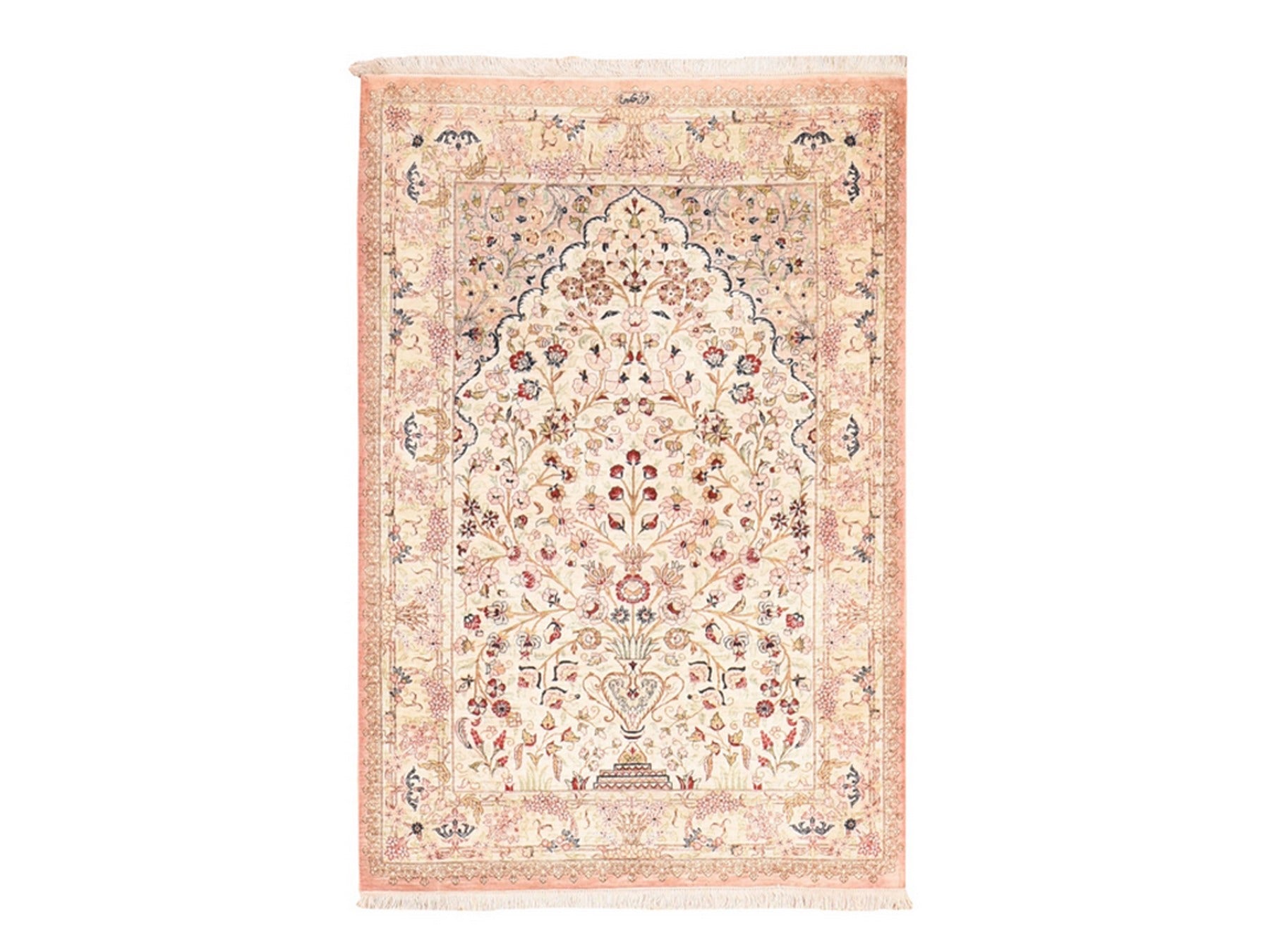 Fine Oriental hand-knotted silk rug in Ivory, 3'3" x 4'10" — SKU O078720