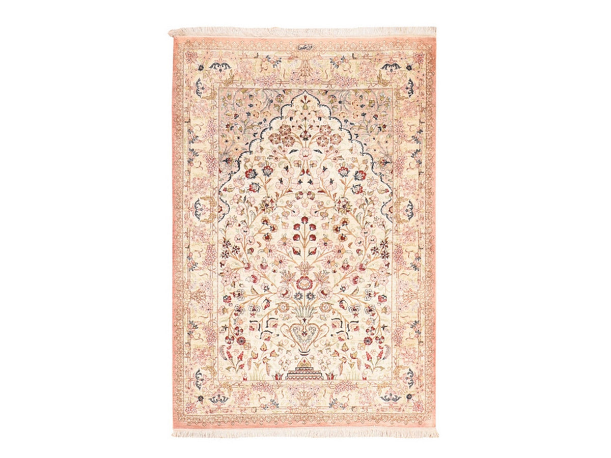 Fine Oriental hand-knotted silk rug in Ivory, 3'3" x 4'10" — SKU O078720