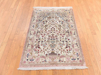 Fine Oriental hand-knotted silk rug in Ivory, 3'3" x 4'10" — SKU O078720 (view 2)