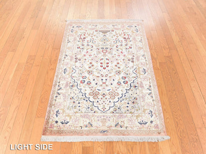 Fine Oriental hand-knotted silk rug in Ivory, 3'3" x 4'10" — SKU O078720 (view 3)