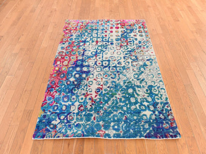 Blue 4'0" x 6'0" Transitional Hand knotted Silk Rug - Sku: O078723