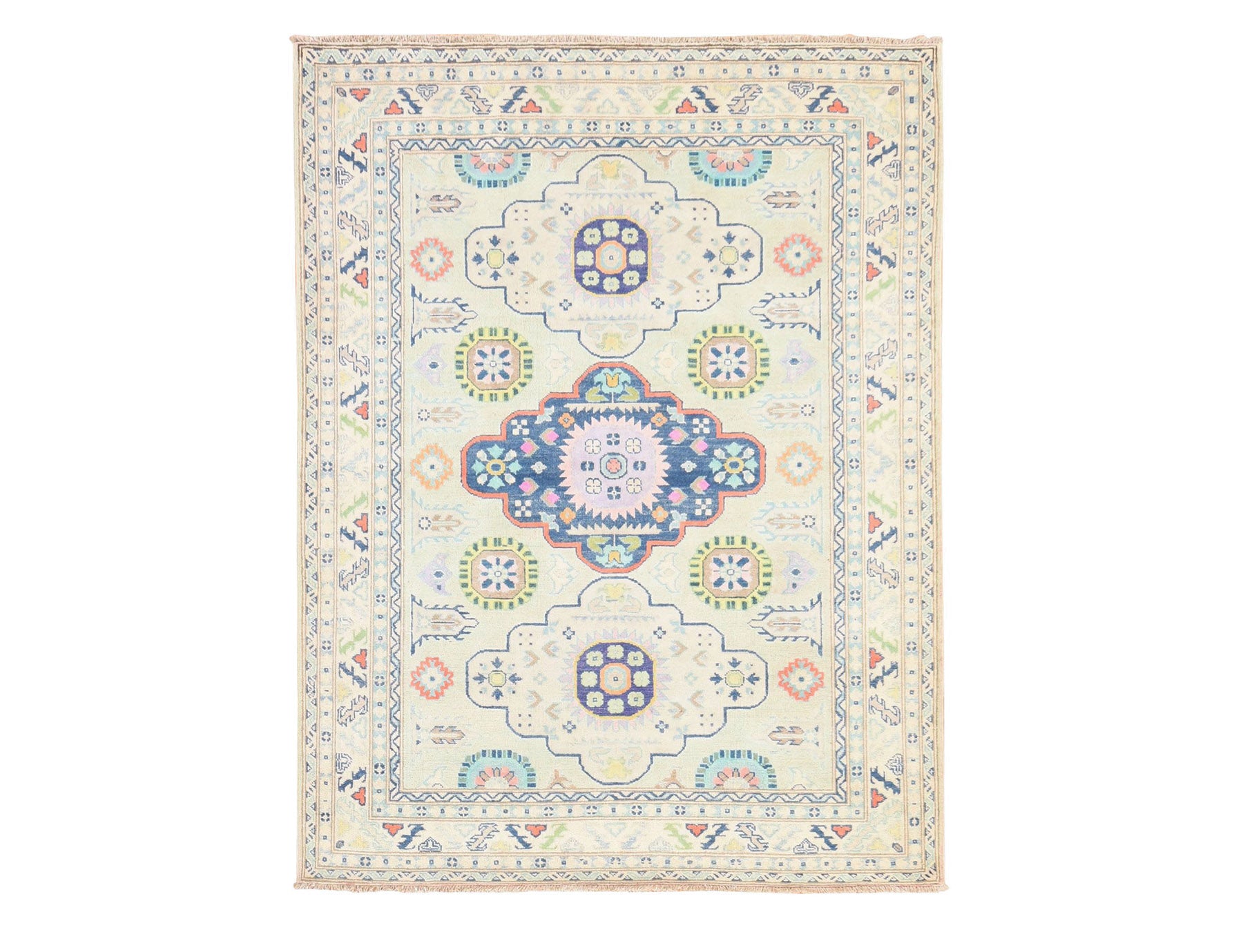 Ivory 5'1" x 6'6" Tribal & Geometric Hand knotted Wool Rug - Sku: O078724