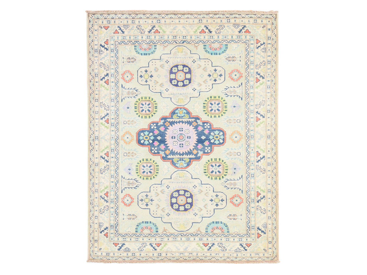 Kazak Tribal & Geometric hand-knotted wool rug in Ivory, 5'1" x 6'6" — SKU O078724
