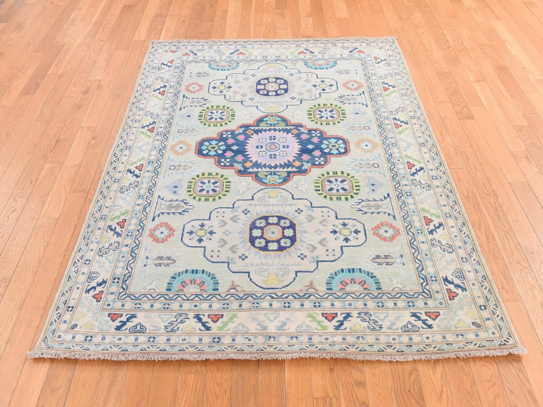 Ivory 5'1" x 6'6" Tribal & Geometric Hand knotted Wool Rug - Sku: O078724