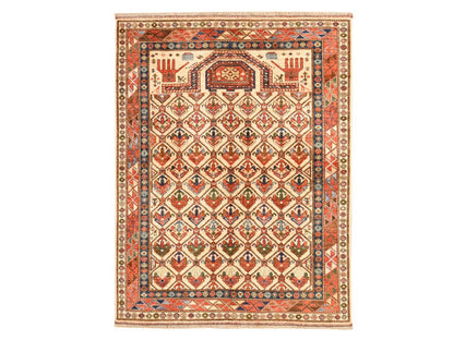 Ersari Tribal & Geometric hand-knotted wool rug in Ivory & Orange, 4'10" x 6'5" — SKU O078725