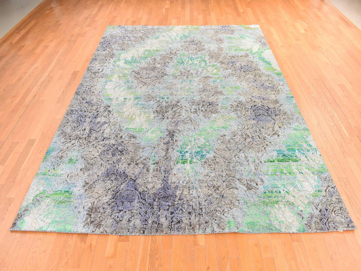 Modern / Contemporary hand-knotted wool/silk rug in Green, 9' x 12'6" — SKU O078740 (view 2)