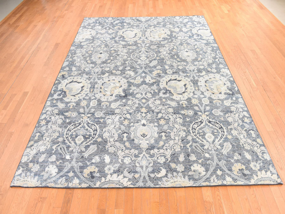 Modern / Contemporary hand-knotted wool/silk rug in Gray, 8'10" x 12'2" — SKU O078743 (view 2)