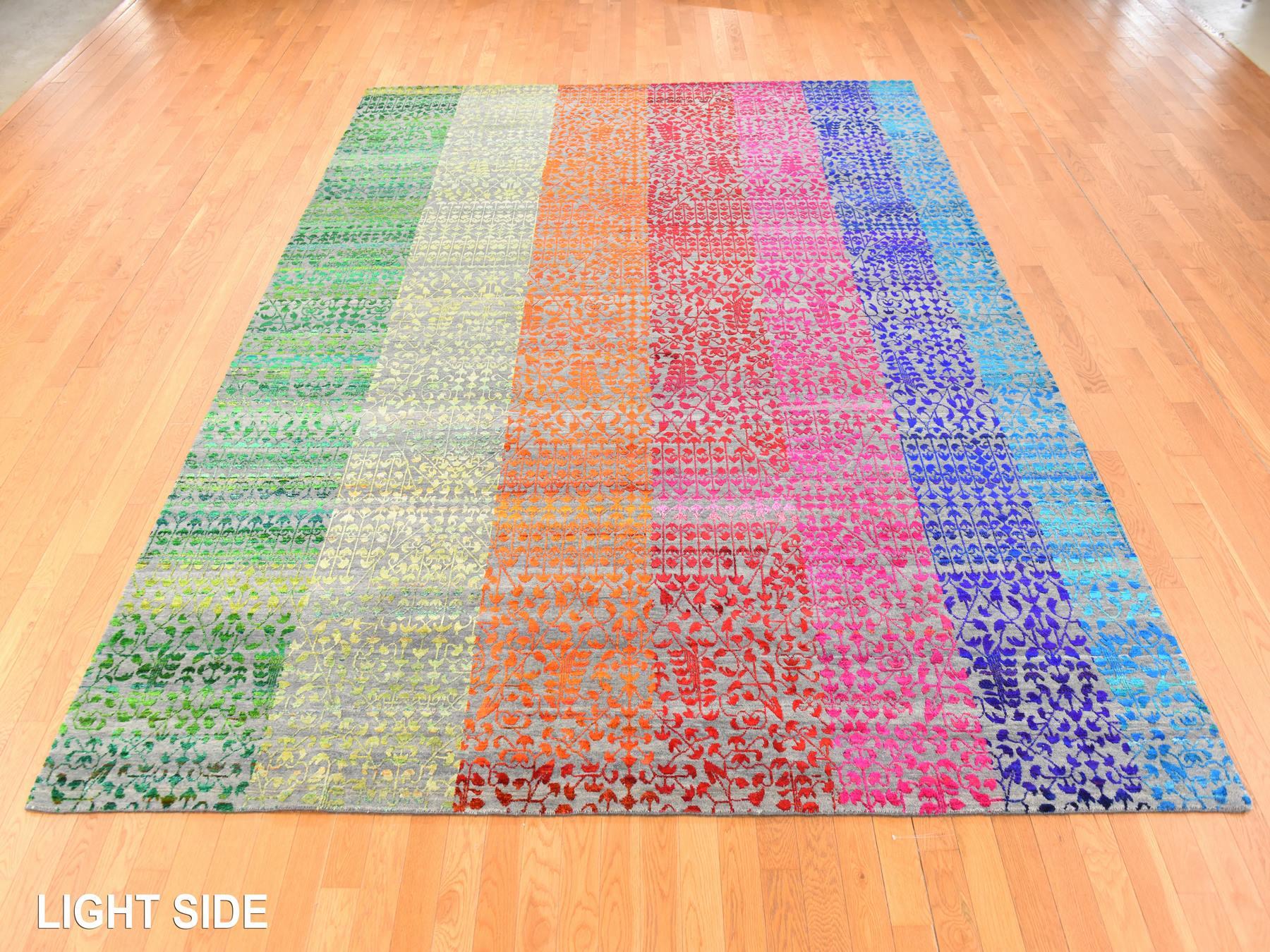Modern / Contemporary hand-knotted silk rug in Multicolored, 9'0" x 12'1", SKU O078744