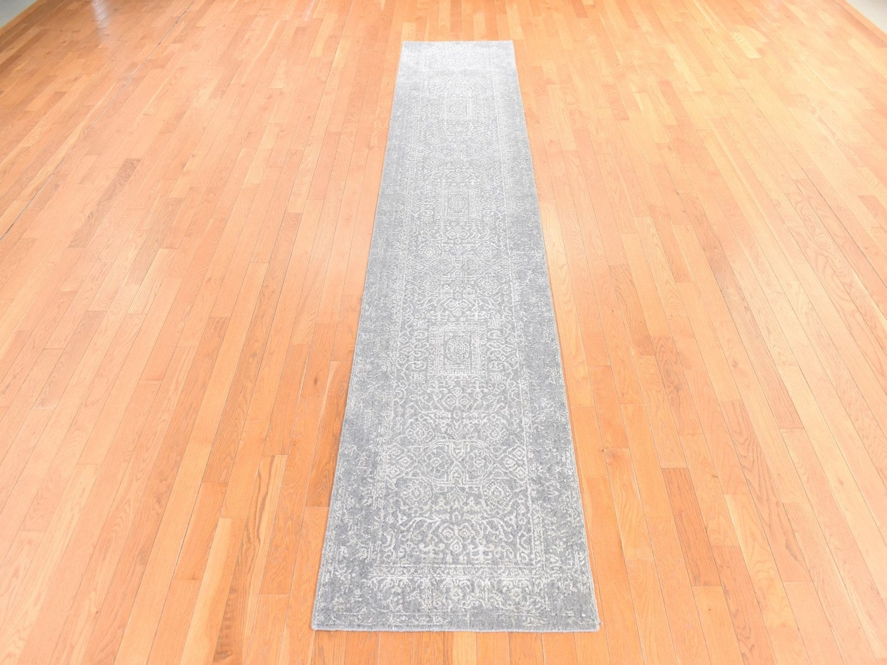 Modern / Contemporary hand-knotted wool/silk runner in Gray, 2'5" x 12'1", SKU O078746