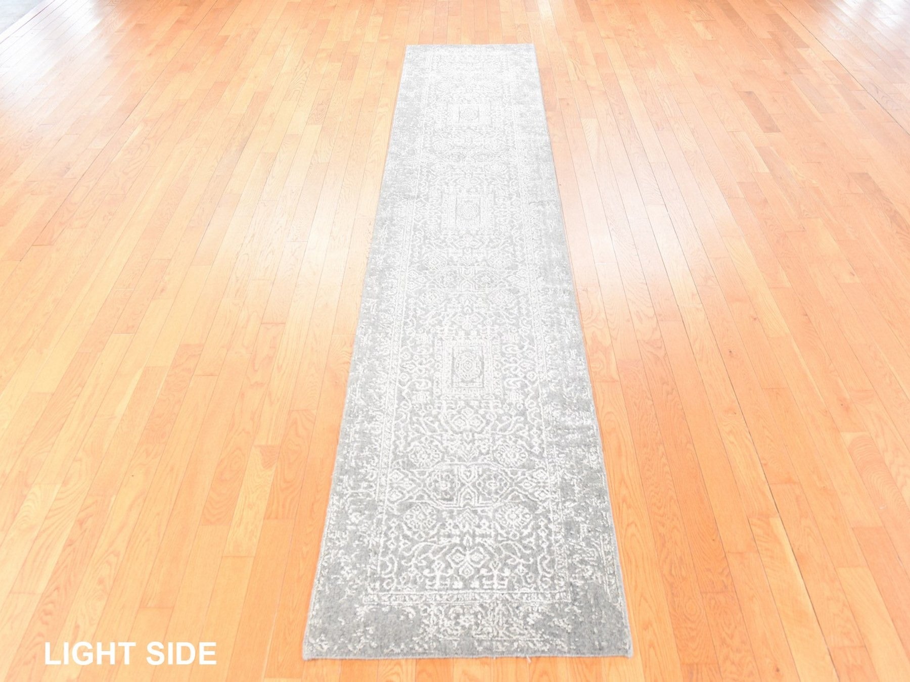 Modern / Contemporary hand-knotted wool/silk runner in Gray, 2'5" x 12'1" — SKU O078746 (view 3)