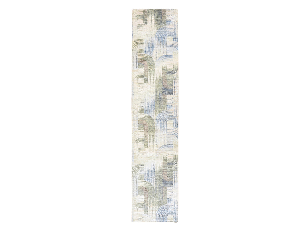 Modern / Contemporary hand-knotted wool/silk runner in Ivory, 2'7" x 12' — SKU O078747