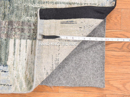 Modern / Contemporary hand-knotted wool/silk runner in Ivory, 2'7" x 12' — SKU O078747 (view 6)