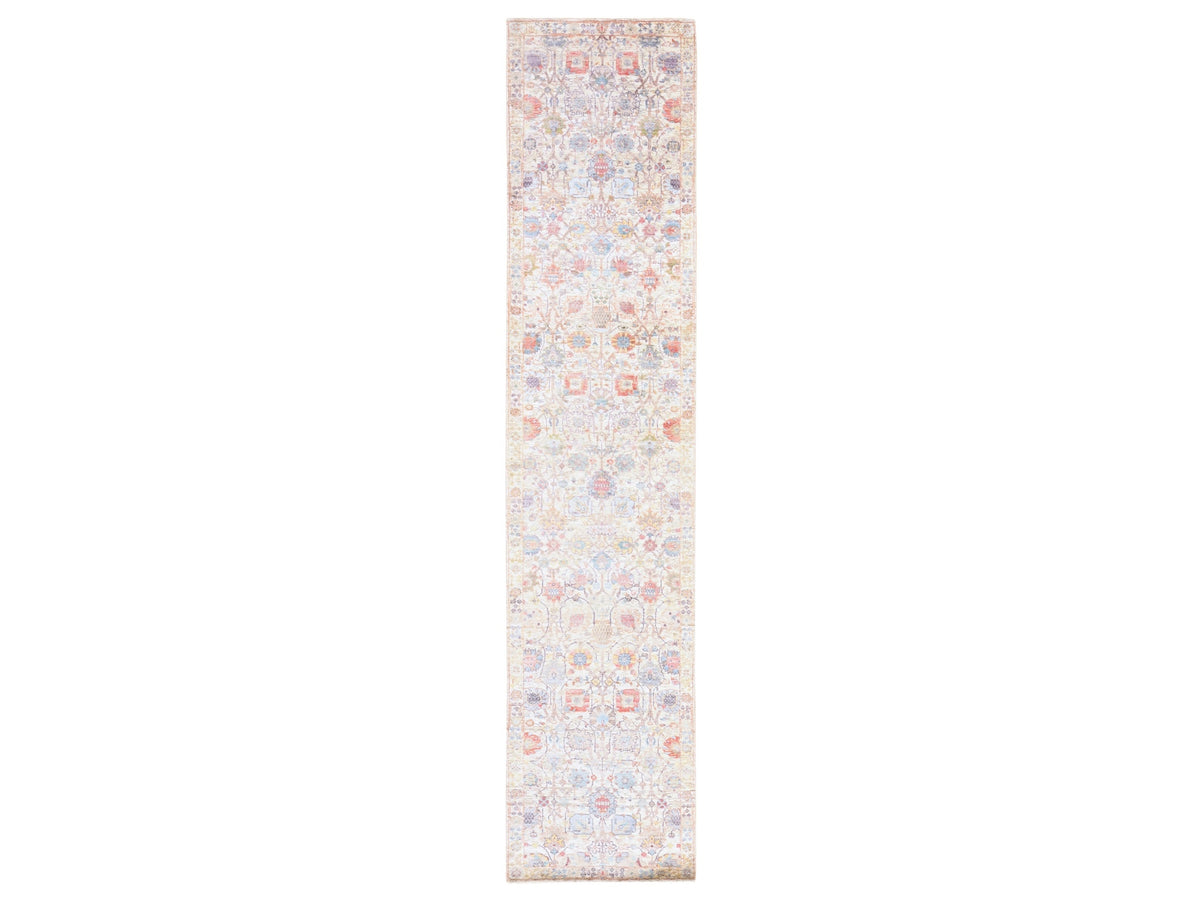 Tabriz Transitional hand-knotted wool/silk runner in Ivory, 2'7" x 12' — SKU O078748