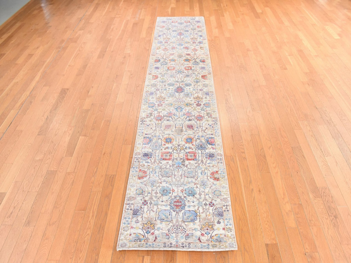Tabriz Transitional hand-knotted wool/silk runner in Ivory, 2'7" x 12' — SKU O078748 (view 2)