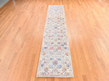 Tabriz Transitional hand-knotted wool/silk runner in Ivory, 2'7" x 12' — SKU O078748 (view 2)