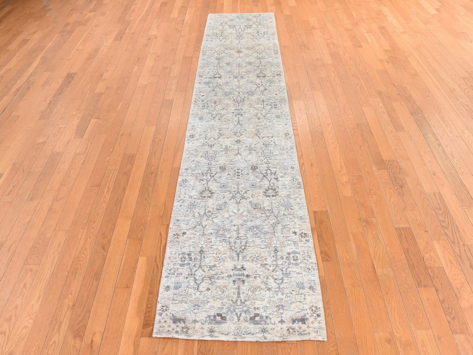 Tabriz Transitional hand-knotted silk runner in Ivory, 2'5" x 12' — SKU O078749 (view 2)
