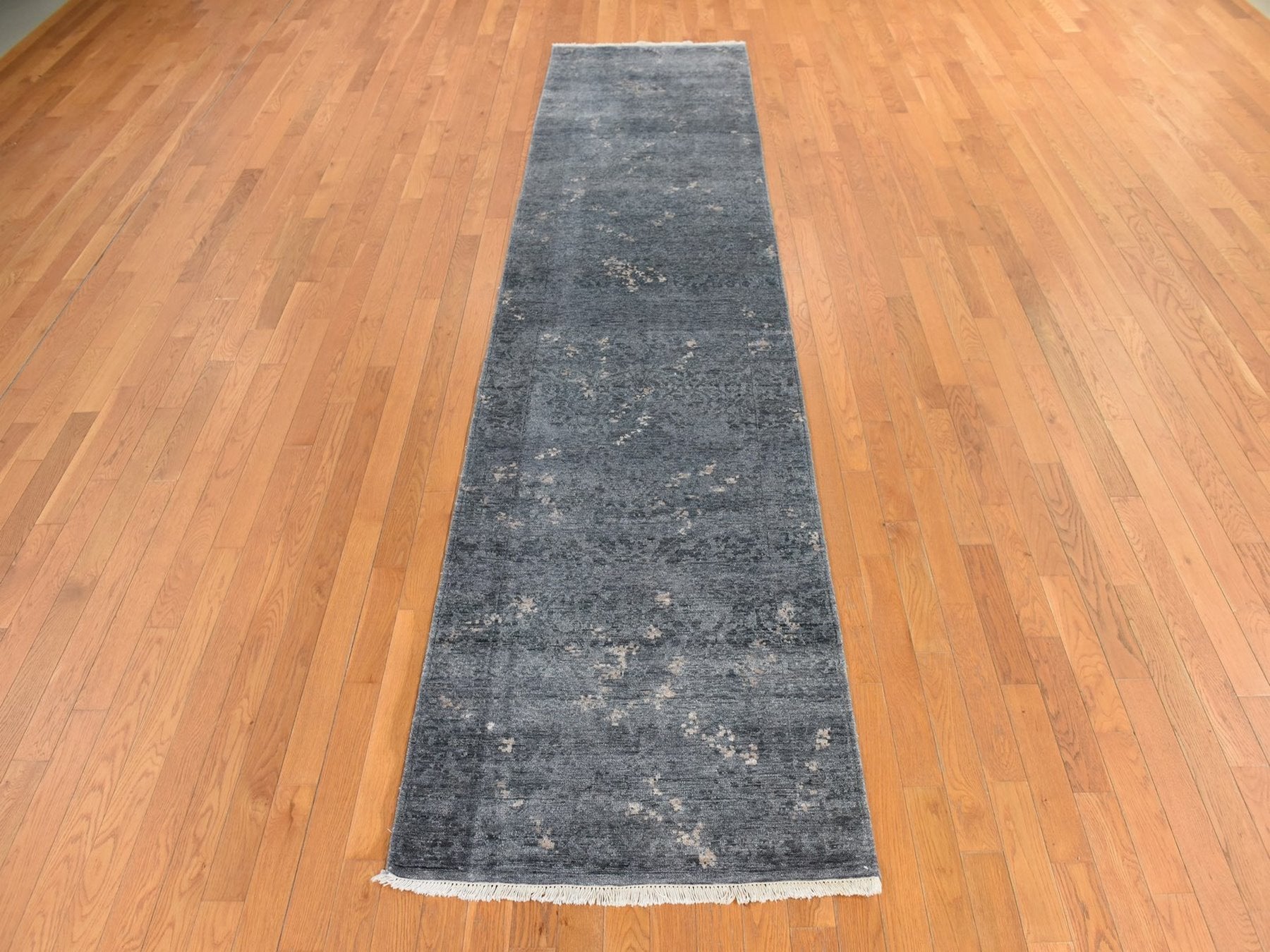 Modern / Contemporary hand-knotted art silk runner in Gray, 3' x 11'9" — SKU O078751 (view 2)