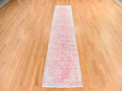Transitional hand-knotted wool/silk runner in Pink, 2'8" x 11'10" — SKU O078753 (view 2)