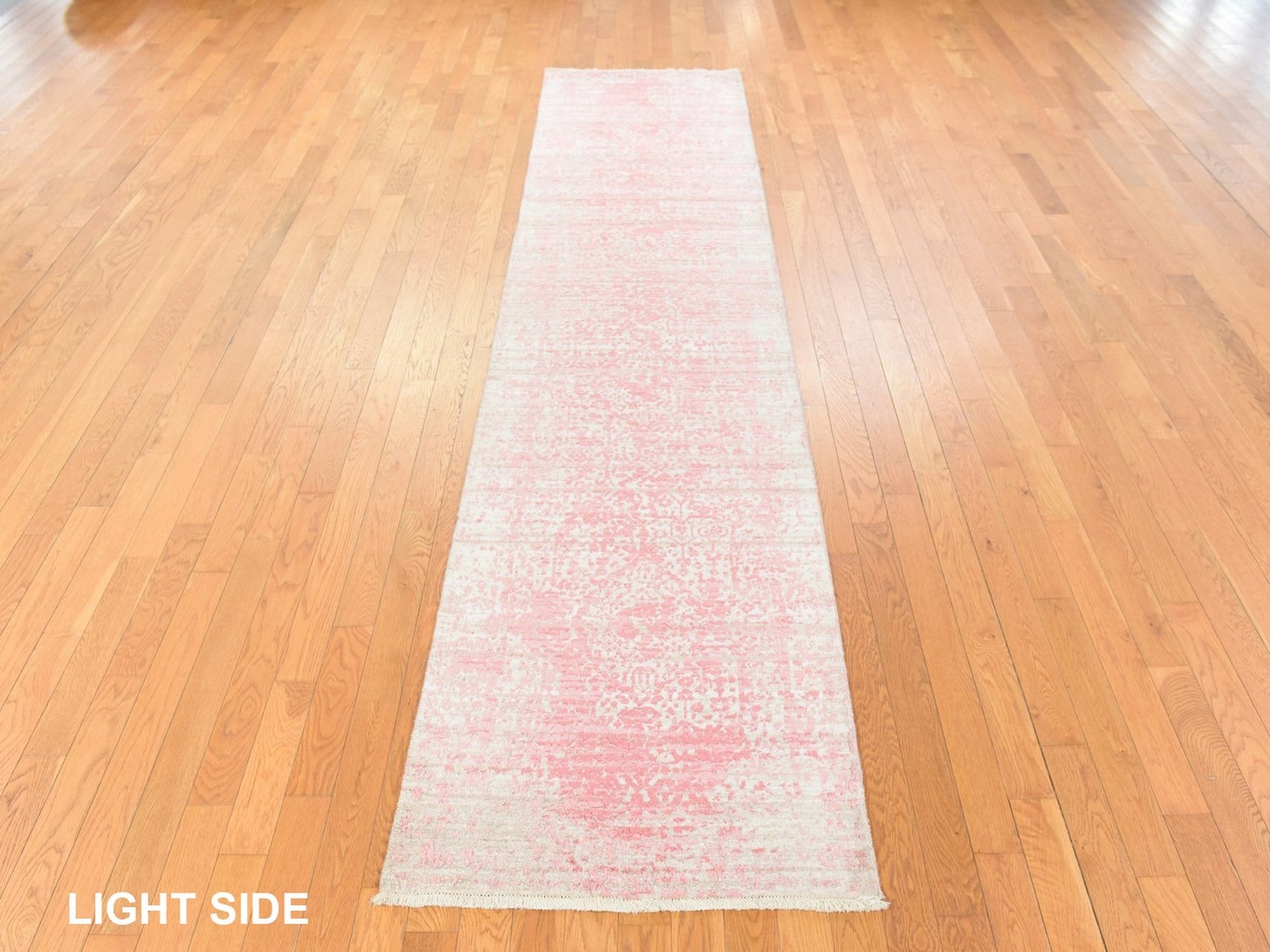 Transitional hand-knotted wool/silk runner in Pink, 2'8" x 11'10" — SKU O078753 (view 3)