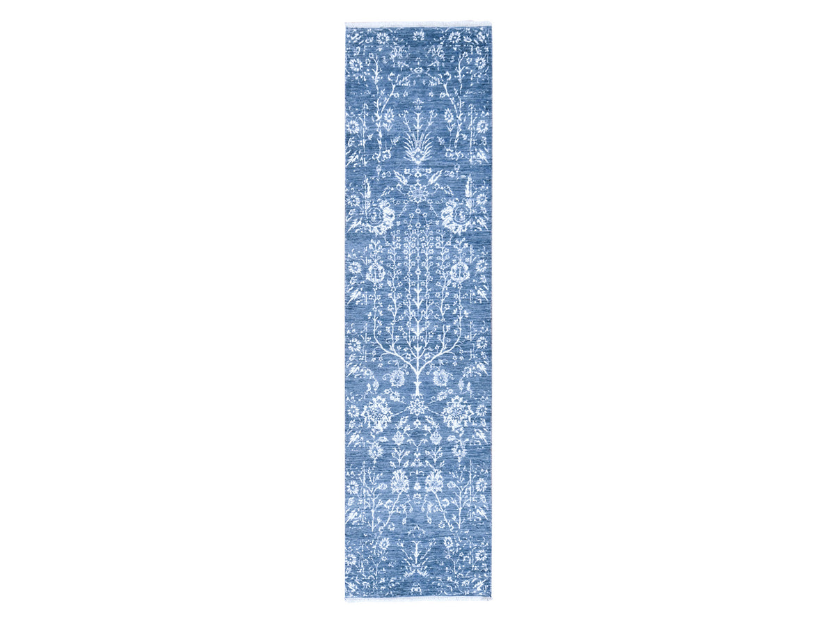 Modern / Contemporary hand-knotted wool/silk runner in Blue, 2'6" x 10'2" — SKU O078756