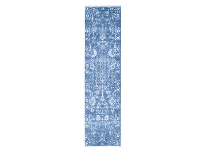 Modern / Contemporary hand-knotted wool/silk runner in Blue, 2'6" x 10'2" — SKU O078756