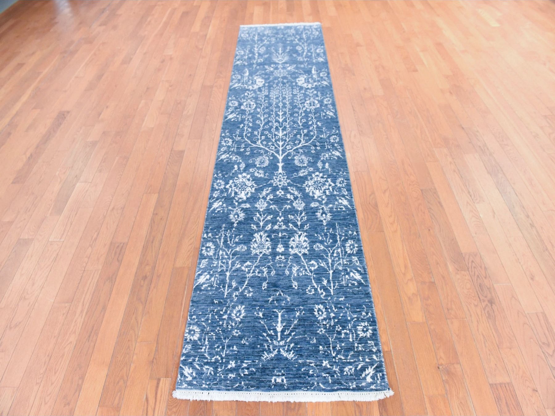 Modern / Contemporary hand-knotted wool/silk runner in Blue, 2'6" x 10'2" — SKU O078756 (view 2)