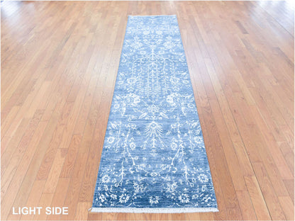 Modern / Contemporary hand-knotted wool/silk runner in Blue, 2'6" x 10'2" — SKU O078756 (view 3)