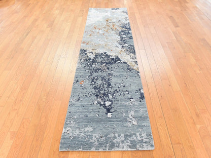 Modern / Contemporary hand-knotted wool/silk runner in Gray, 2'6" x 10'0", SKU O078757