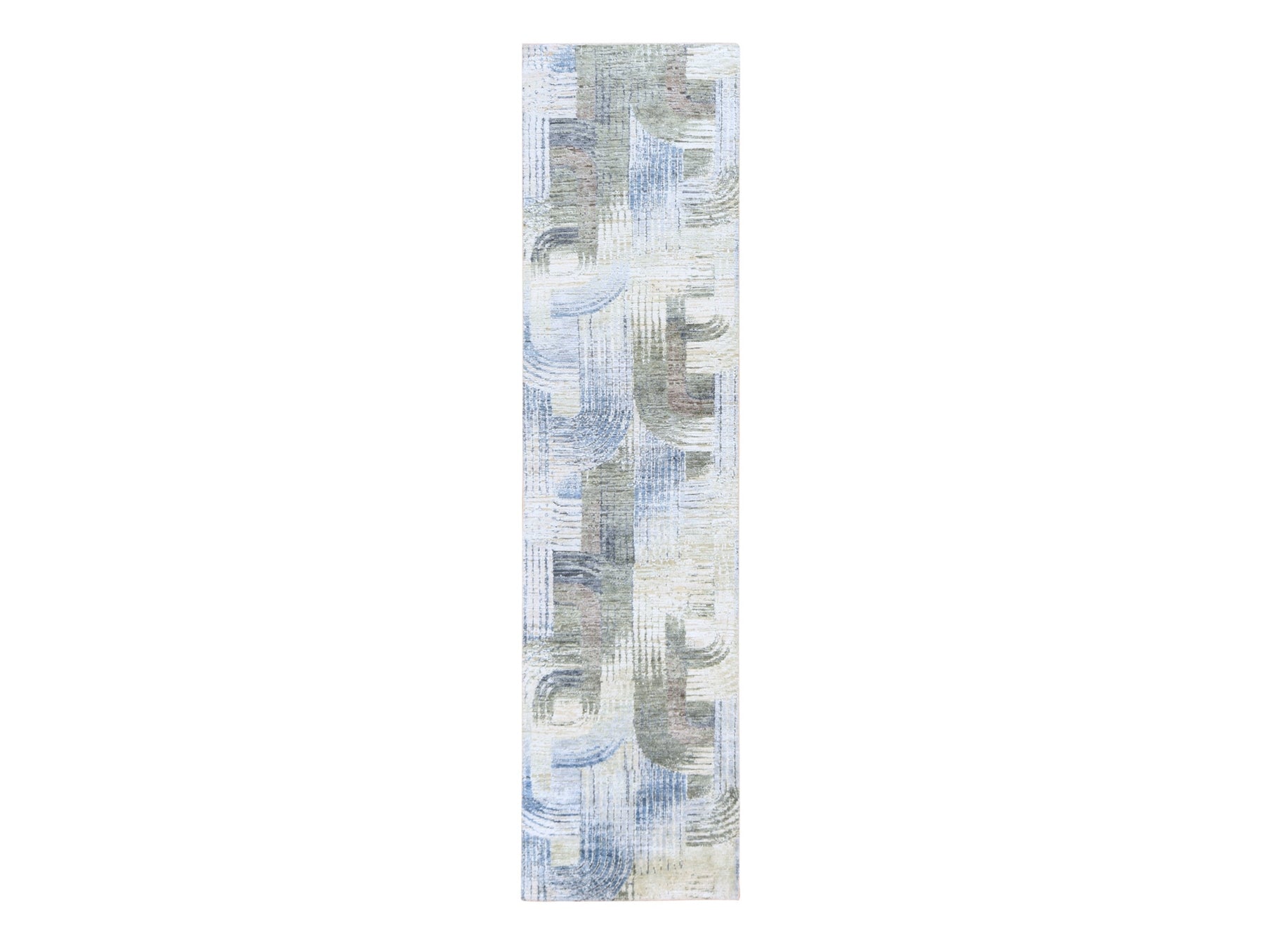 Modern / Contemporary hand-knotted wool/silk runner in Ivory, 2'7" x 10'4" — SKU O078758