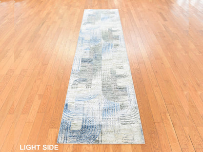 Modern / Contemporary hand-knotted wool/silk runner in Ivory, 2'7" x 10'4", SKU O078758