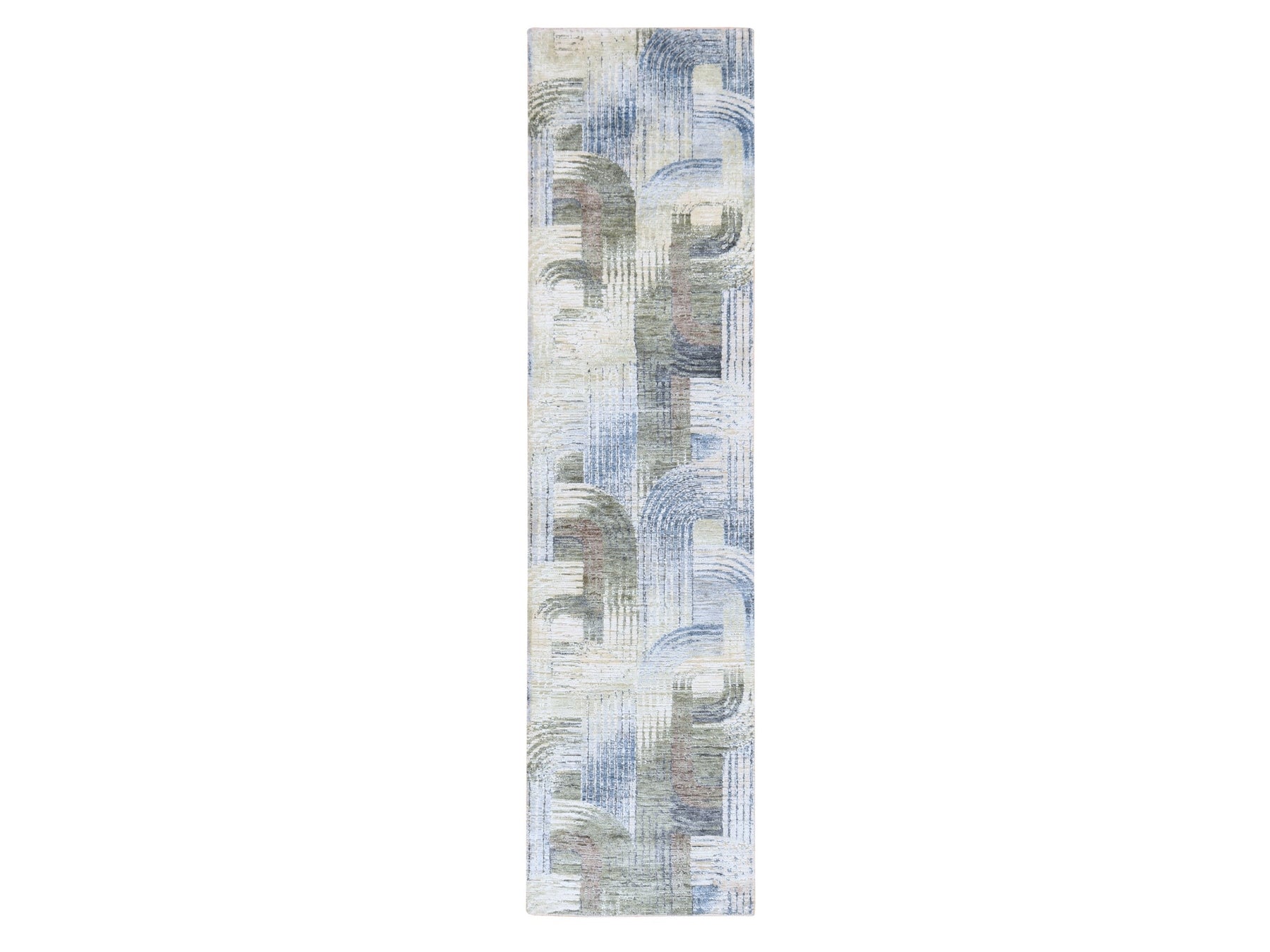 Modern / Contemporary hand-knotted wool/silk runner in Ivory, 2'7" x 10'4" — SKU O078760