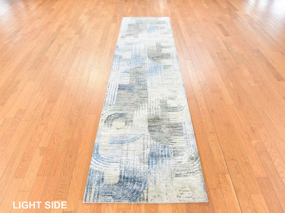 Modern / Contemporary hand-knotted wool/silk runner in Ivory, 2'7" x 10'4", SKU O078760