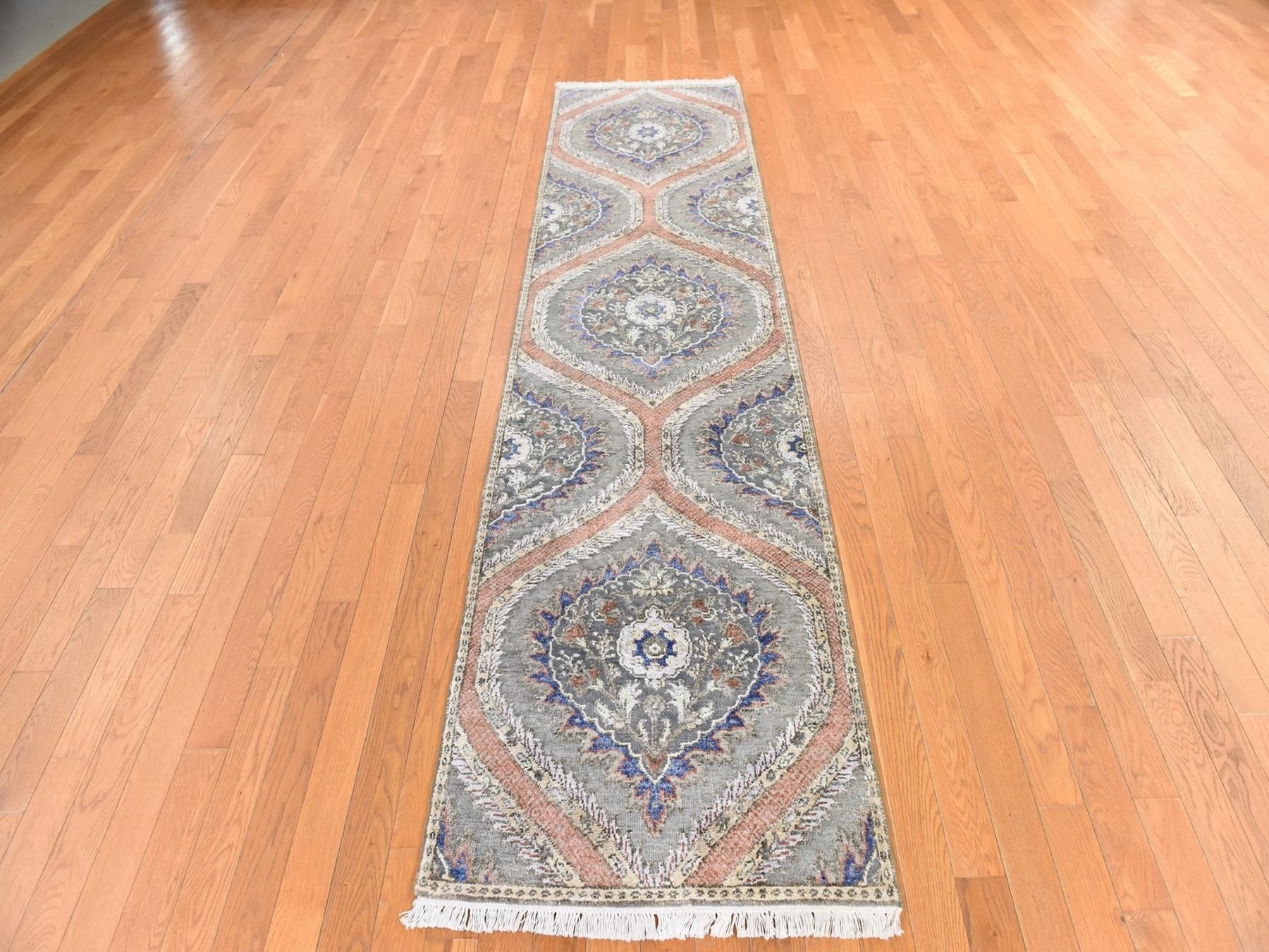Transitional hand-knotted wool/silk runner in Gray, 2'6" x 10' — SKU O078762 (view 2)