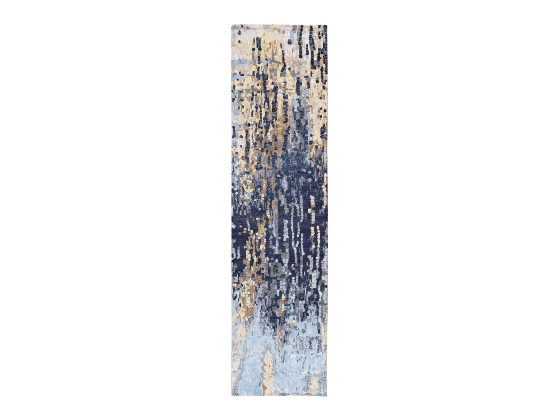 Modern / Contemporary hand-knotted wool/silk runner in Blue, 2'6" x 9'10" — SKU O078764