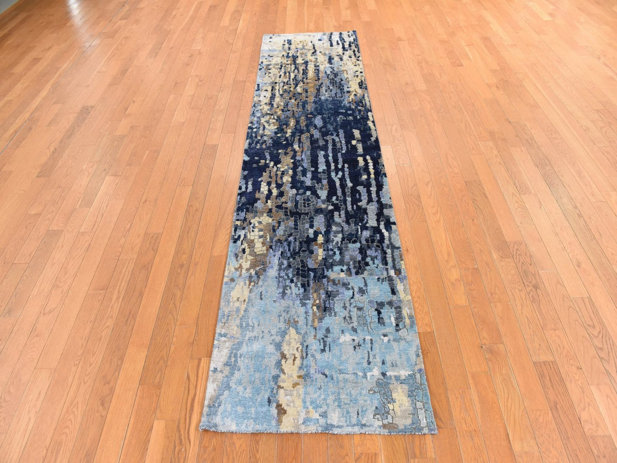 Modern / Contemporary hand-knotted wool/silk runner in Blue, 2'6" x 9'10" — SKU O078764 (view 2)