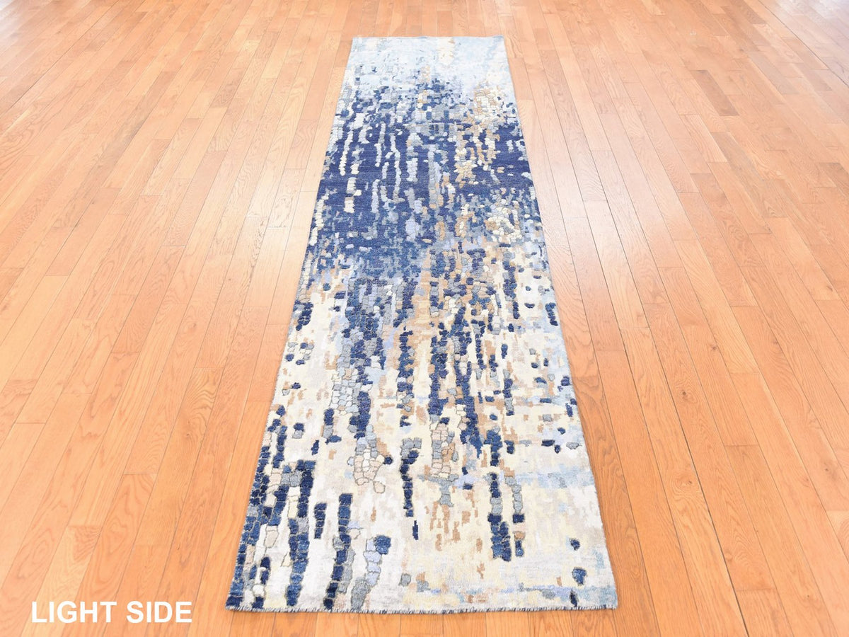 Modern / Contemporary hand-knotted wool/silk runner in Blue, 2'6" x 9'10" — SKU O078764 (view 3)