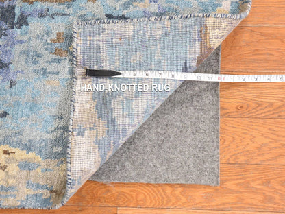 Modern / Contemporary hand-knotted wool/silk runner in Blue, 2'6" x 9'10" — SKU O078764 (view 6)