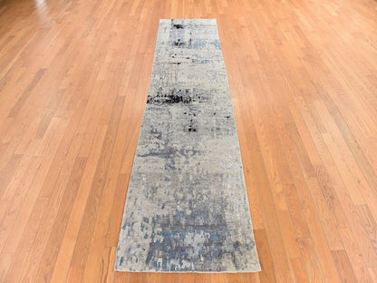 Modern / Contemporary hand-knotted wool/silk runner in Beige, 2'5" x 9'9", SKU O078765