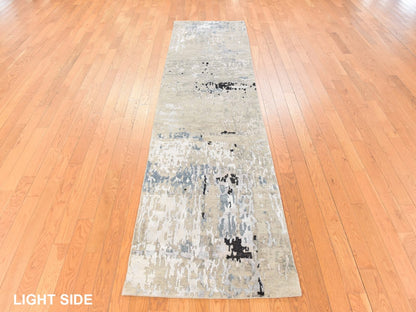 Modern / Contemporary hand-knotted wool/silk runner in Beige, 2'5" x 9'9", SKU O078765