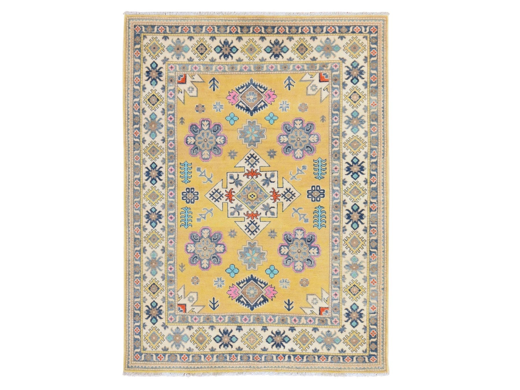 Kazak Tribal hand-knotted wool rug in Yellow, 4'10" x 6'6", SKU O078770