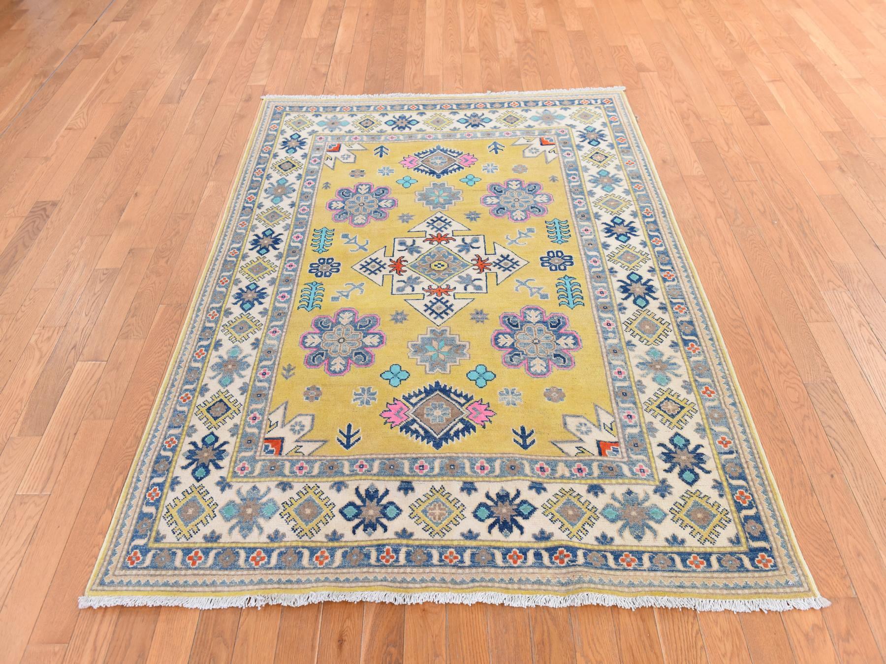 Kazak Tribal hand-knotted wool rug in Yellow, 4'10" x 6'6", SKU O078770