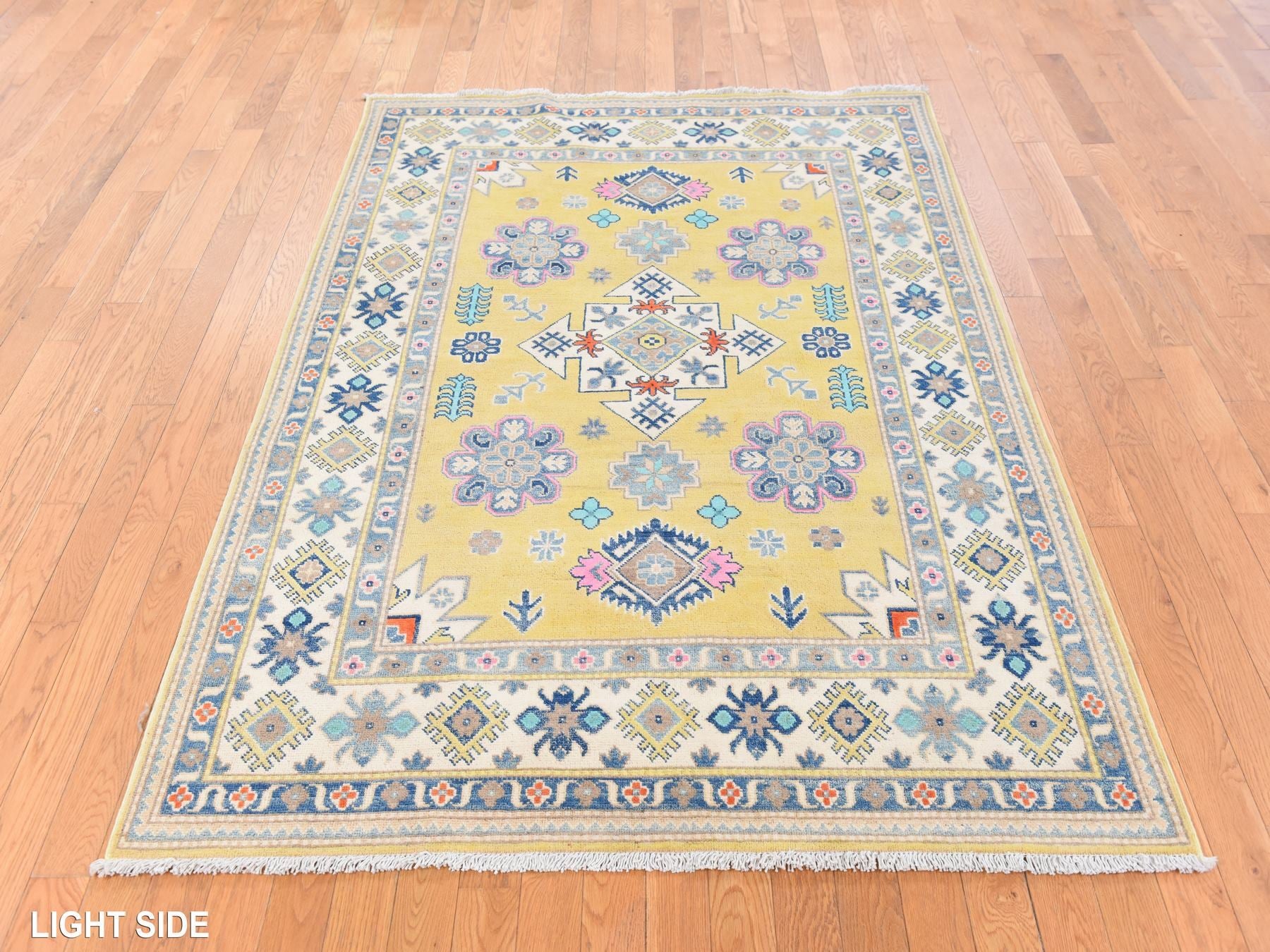 Kazak Tribal hand-knotted wool rug in Yellow, 4'10" x 6'6", SKU O078770