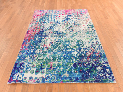 Transitional hand-knotted sari silk rug in Blue, 5' x 7'3" — SKU O078772 (view 2)