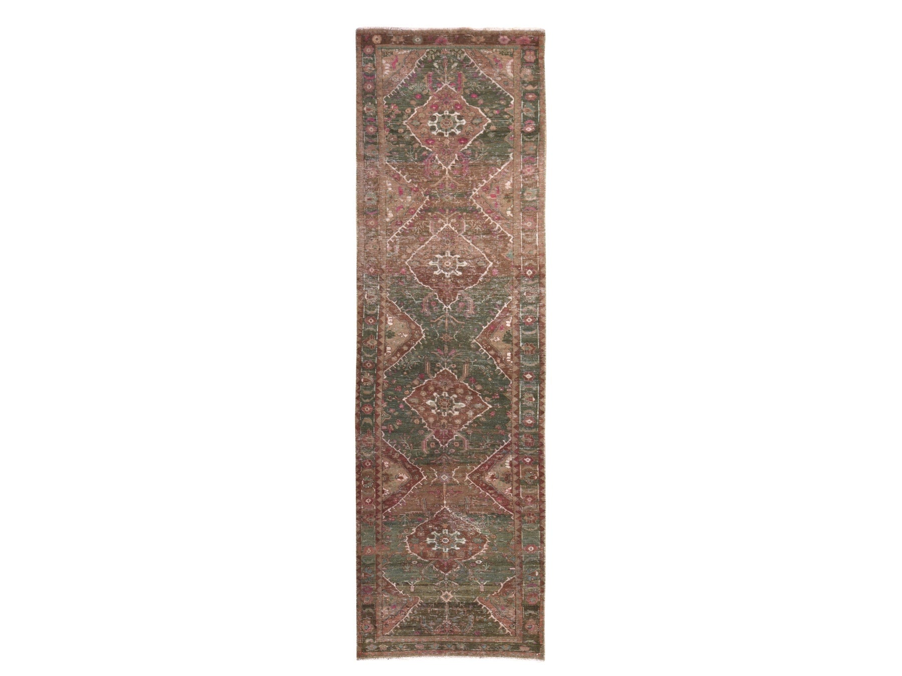 Heriz Vintage hand-knotted wool runner in Green, 3'7" x 12'3", SKU O078773