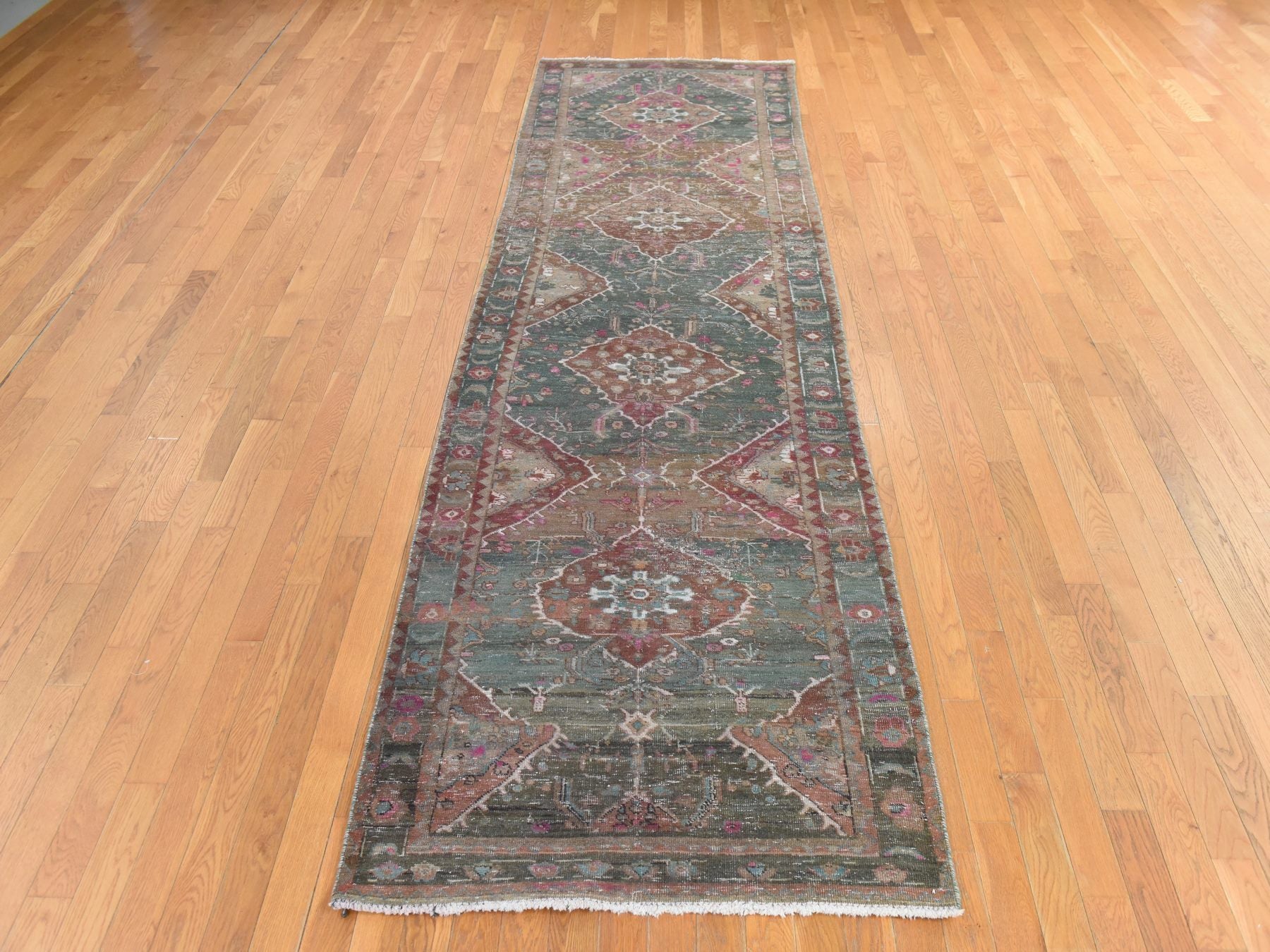 Heriz Vintage hand-knotted wool runner in Green, 3'7" x 12'3" — SKU O078773 (view 2)