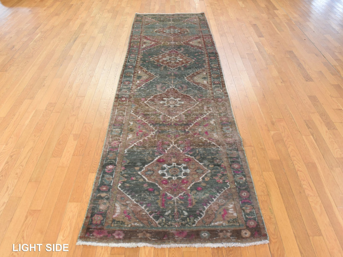 Heriz Vintage hand-knotted wool runner in Green, 3'7" x 12'3" — SKU O078773 (view 3)