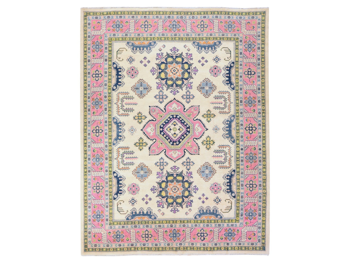 Kazak Kazak hand-knotted wool rug in Ivory & Pink, 8'10" x 11'6" — SKU O078775