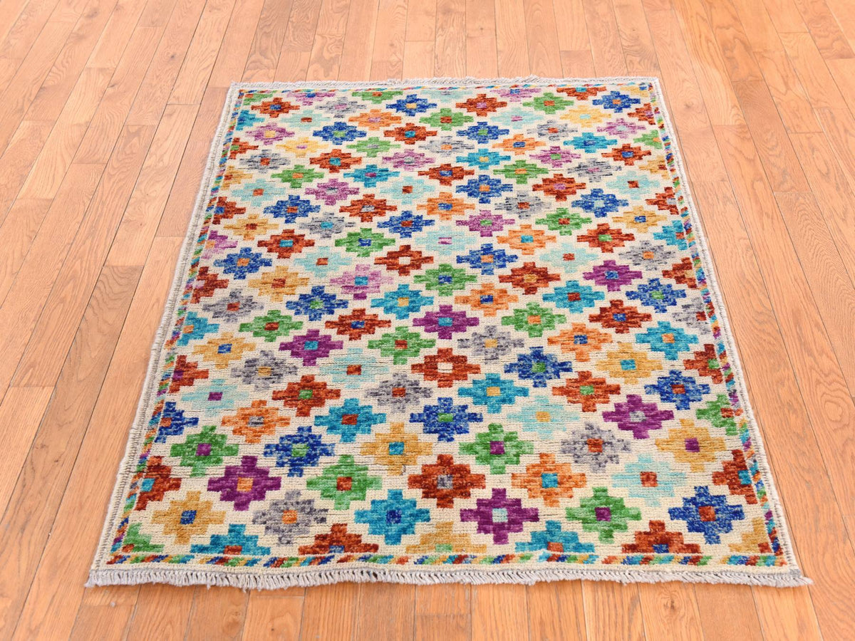 Baluch Tribal & Geometric hand-knotted wool rug in Ivory, 3'6" x 4'10" — SKU O078781 (view 2)