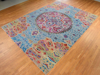 Transitional hand-knotted wool/silk rug in Blue, 9'9" x 13'8", SKU O078845 (view 4)